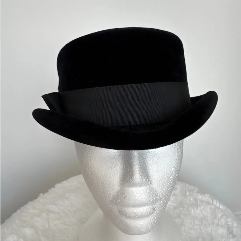 Vintage 50's French Black Velvet Cocktail Hat with Ribbon band retro veil style